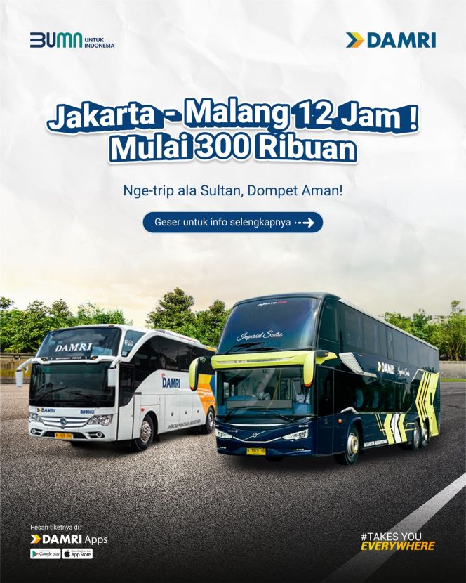 
 12 Jam Nyaman Jakarta–Malang, DAMRI Hadirkan Tarif Terjangkau Mulai Rp300 Ribuan