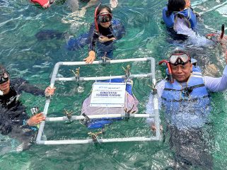 Penyerahan simbolis rak terumbu karang dari Meratus Line pada Konservasi Terumbu Karang IPC TPK. Foto istimewa/IPC TPK 