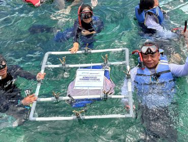 Penyerahan simbolis rak terumbu karang dari Meratus Line pada Konservasi Terumbu Karang IPC TPK. Foto istimewa/IPC TPK 
