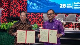 PT Kereta Api Indonesia (Persero) dan Badan Riset dan Inovasi Nasional (BRIN) menandatangani Nota Kesepahaman tentang penguatan riset dan inovasi teknologi perkeretaapian dalam acara BRIN Goes to Industry 5 di Auditorium Soemitro Djojohadikusumo, Jakarta, Selasa (28/7/2026). Kerja sama ini difokuskan pada pengembangan teknologi Automatic Train Protection (ATP) untuk meningkatkan keselamatan, keandalan, dan inovasi sistem perkeretaapian nasional.