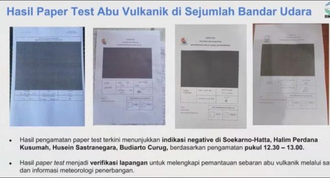 
 Hasil Paper Test Abu Vulkanik di Sejumlah Bandar Udara. (Dok. BMKG)